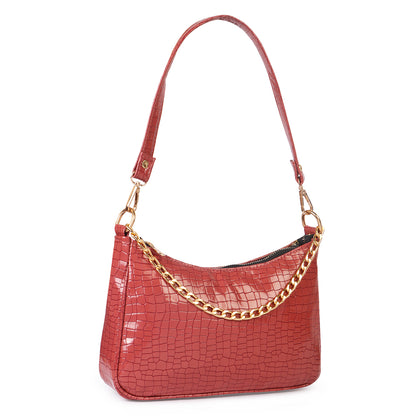 Princess Crescent Vegan Leather Snake Skin Shoulder Bag - Red