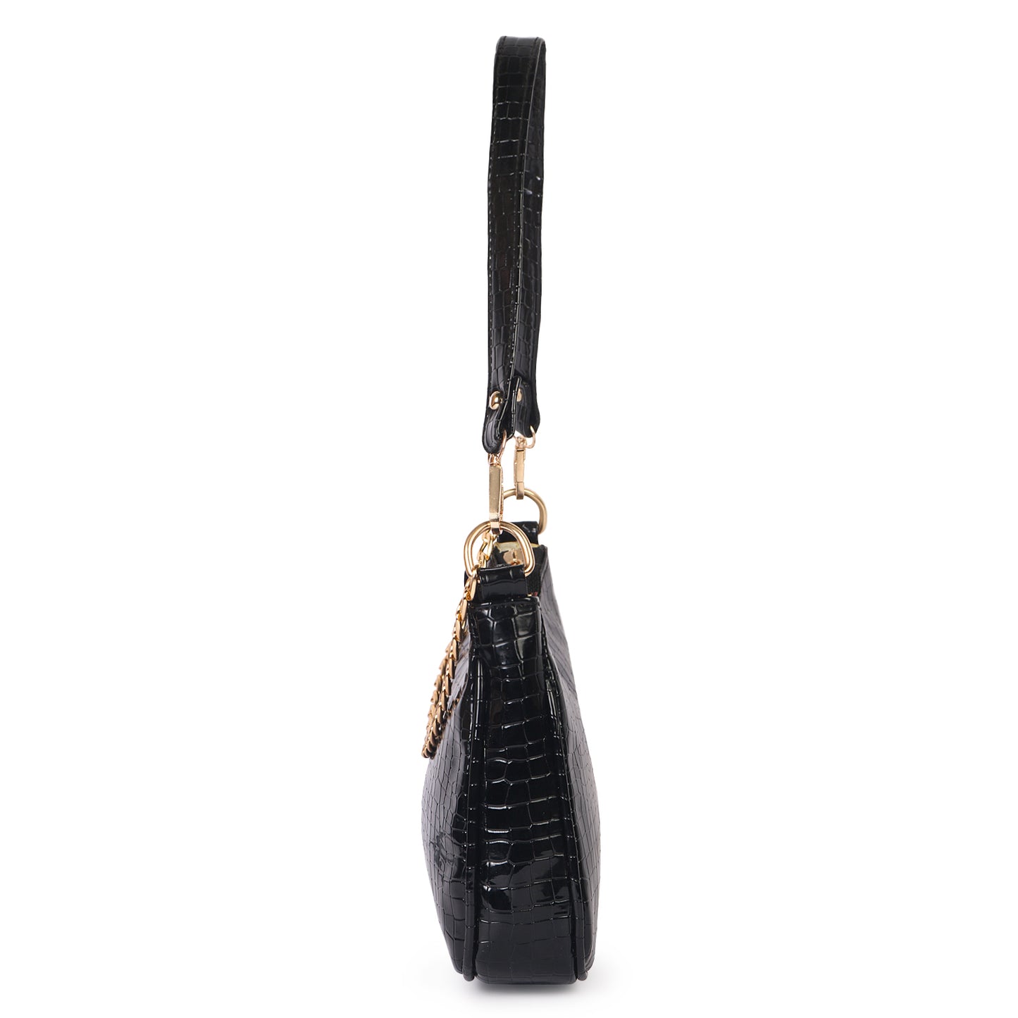 Princess Crescent Vegan Leather Snake Skin Shoulder Bag - Black