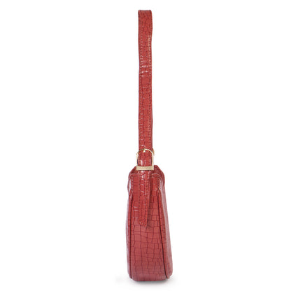 Crescent Moon Vegan Leather Snake Skin Shoulder Bag - Red