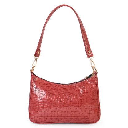 Princess Crescent Vegan Leather Snake Skin Shoulder Bag - Red