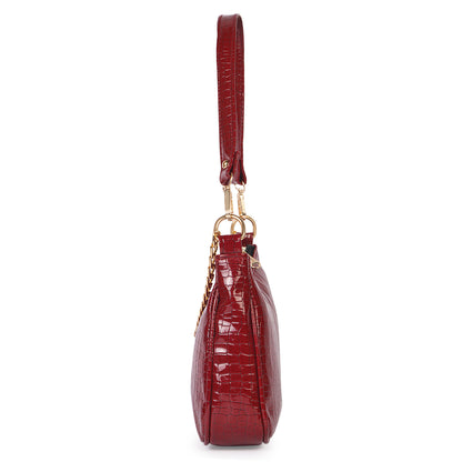 Princess Crescent Vegan Leather Snake Skin Shoulder Bag - Maroon