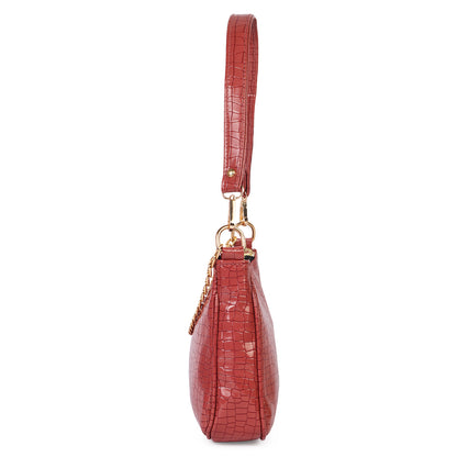 Princess Crescent Vegan Leather Snake Skin Shoulder Bag - Red