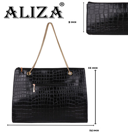 Croco Aurora Vegan Leather Tote Bag with Chain Straps - Black