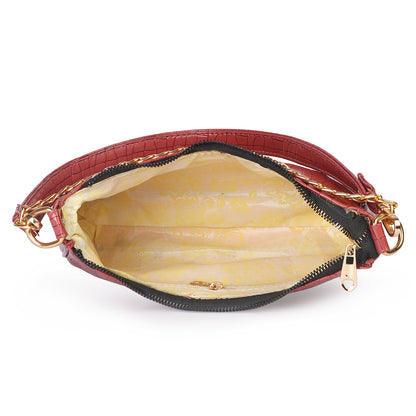 Princess Crescent Vegan Leather Snake Skin Shoulder Bag - Red