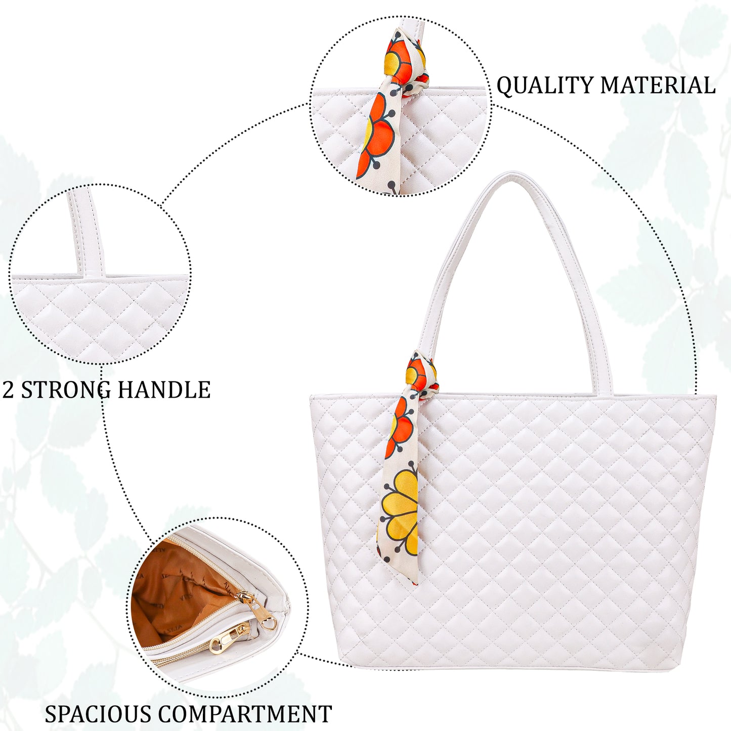 Blossom Vegan Leather Quilted Tote Bag - White