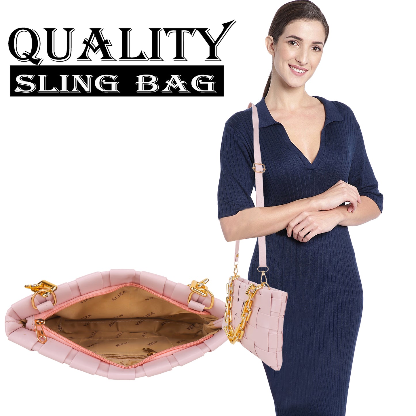 Miss Nairobi Vegan Leather Woven Sling Bag - Peach