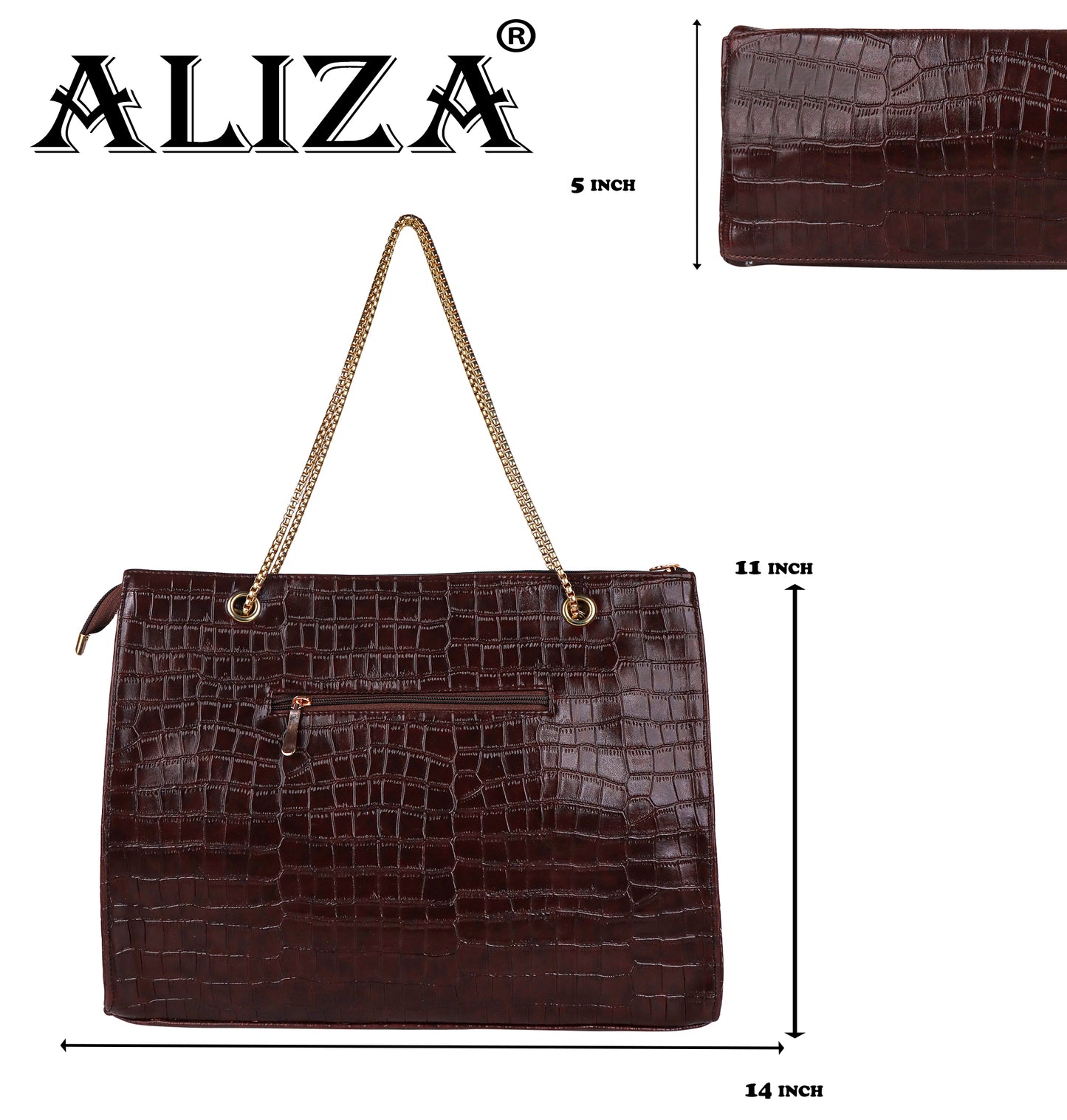 Croco Aurora Vegan Leather Tote Bag with Chain Straps - Brown