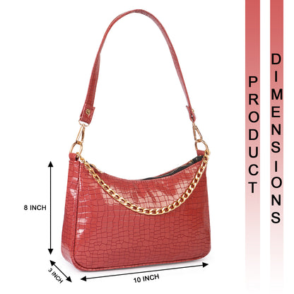 Princess Crescent Vegan Leather Snake Skin Shoulder Bag - Red