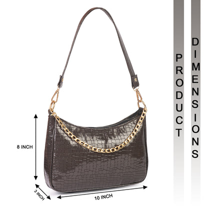 Princess Crescent Vegan Leather Snake Skin Shoulder Bag - Grey