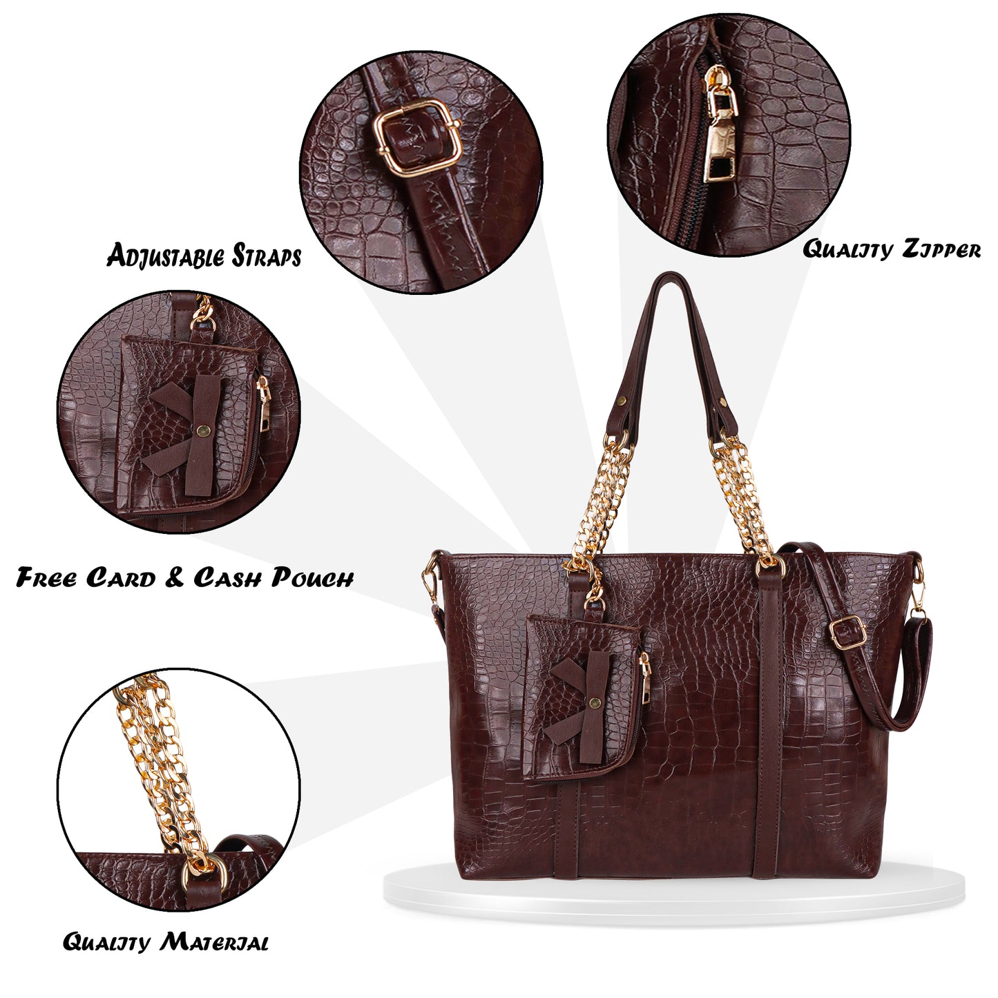 Callista Croco Vegan Leather Tote Bag with Money Pouch - Brown