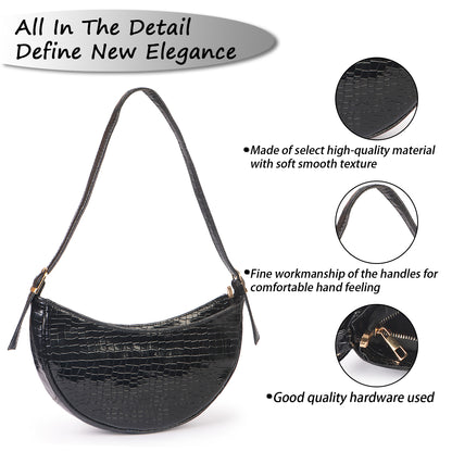 Crescent Moon Vegan Leather Snake Skin Shoulder Bag - Black