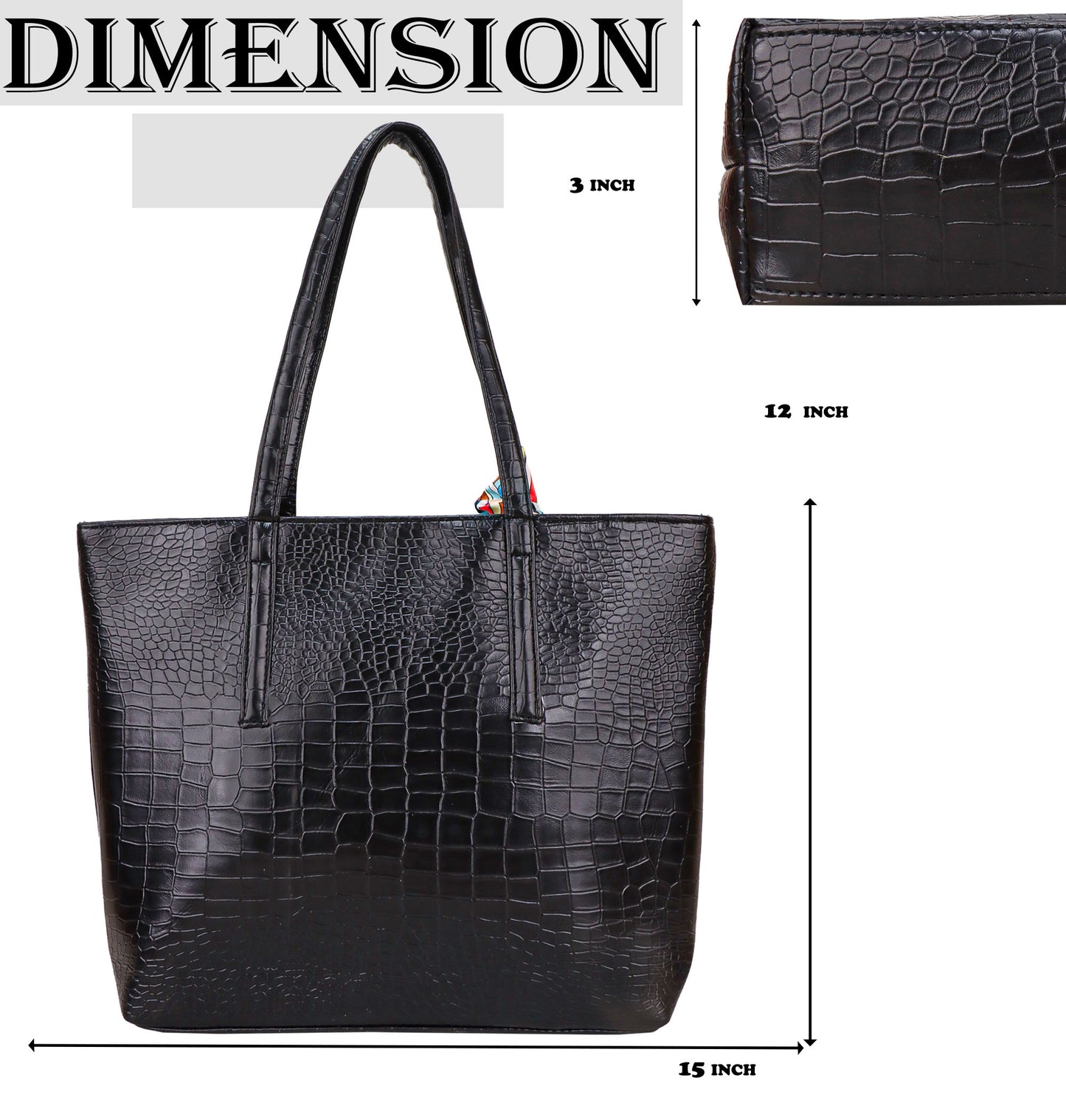 Croco Bloom Vegan Leather Tote Bag - Black