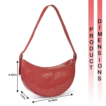 Crescent Moon Vegan Leather Snake Skin Shoulder Bag - Red