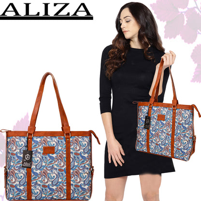 Gardinia Floral Canvas Striped Vegan Leather Tote Bag - Sky Blue