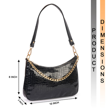 Princess Crescent Vegan Leather Snake Skin Shoulder Bag - Black