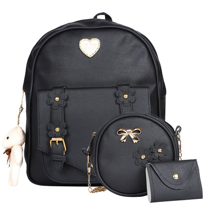 Paris Combo of 3 Pcs: Vegan Leather Backpack for Girls - Black