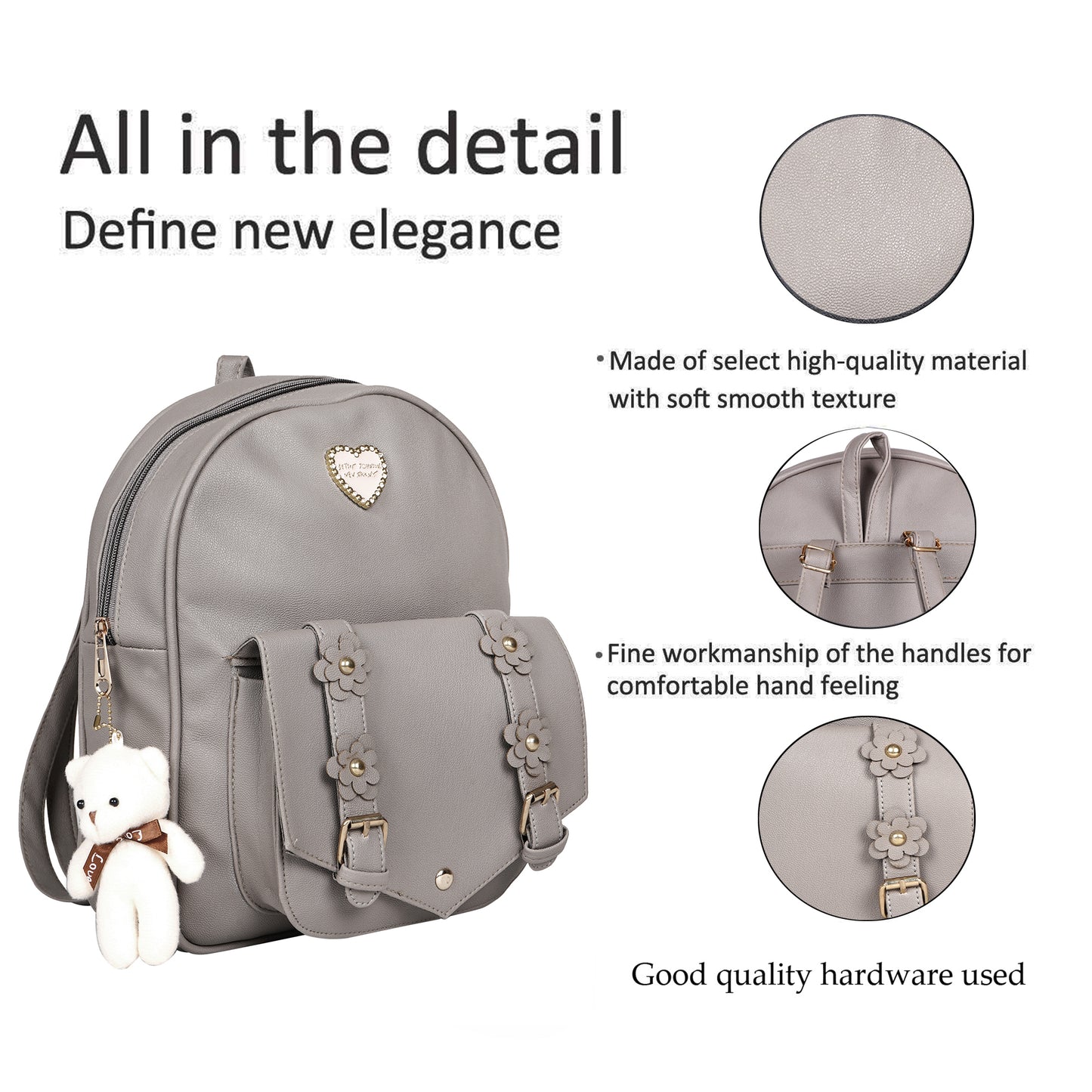 Paris Combo of 3 Pcs: Vegan Leather Backpack for Girls - Grey