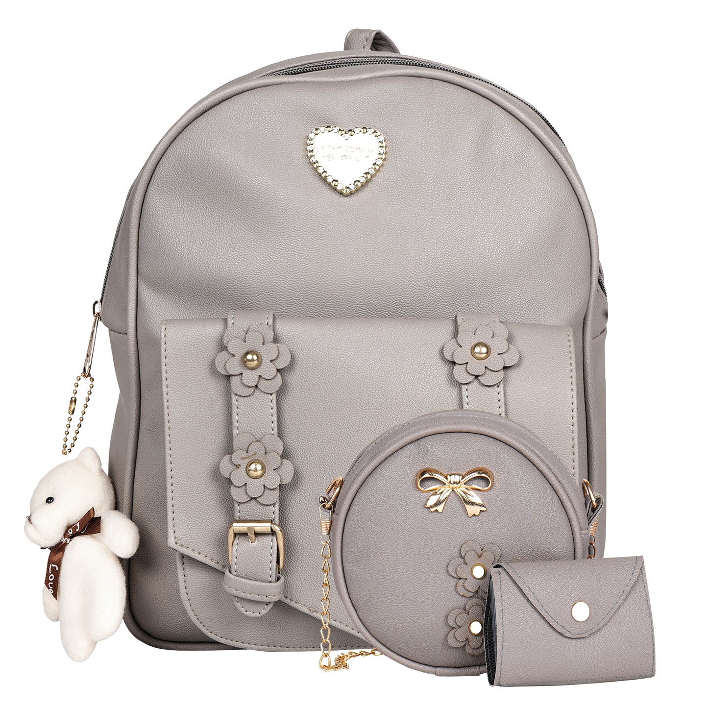 Paris Combo of 3 Pcs: Vegan Leather Backpack for Girls - Grey