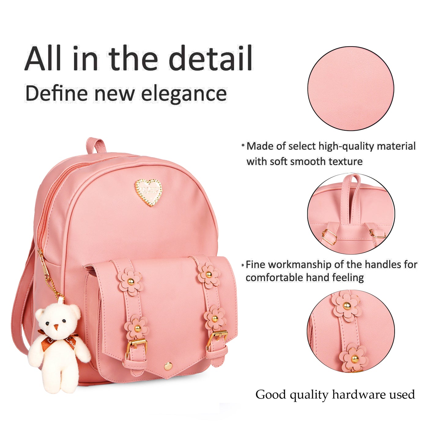 Paris Combo of 3 Pcs: Vegan Leather Backpack for Girls - Pink