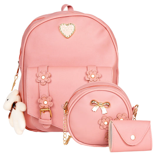 Paris Combo of 3 Pcs: Vegan Leather Backpack for Girls - Pink