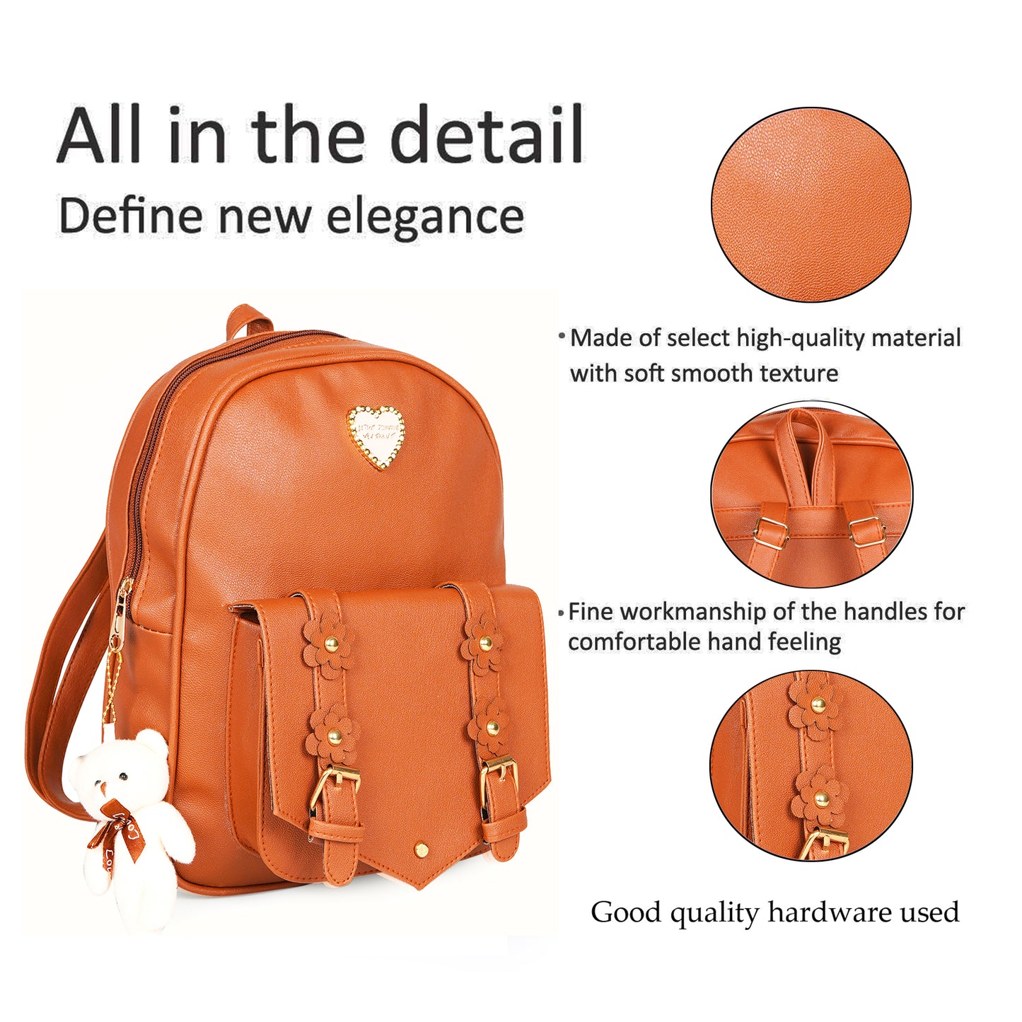 Paris Combo of 3 Pcs: Vegan Leather Backpack for Girls - Tan