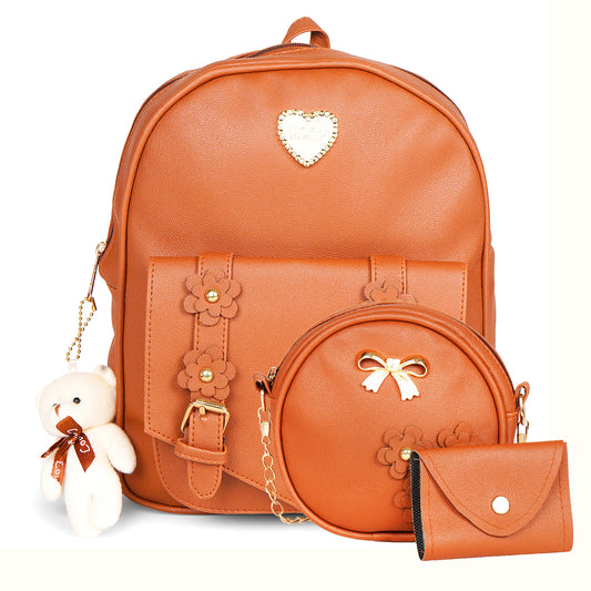 Paris Combo of 3 Pcs: Vegan Leather Backpack for Girls - Tan