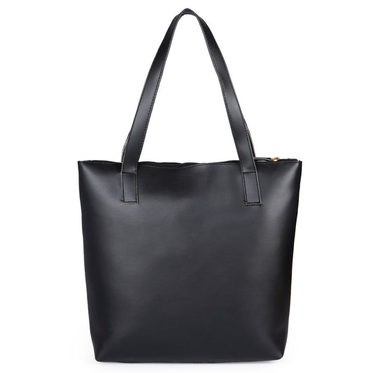 Aliza Classy Bucket Tote Bag with Double Shoulder Handle and Zip Closure - Black