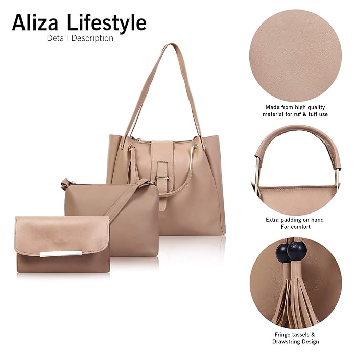 Adeliya Combo Pack of 3 Pcs Handbag and Sling Bags - Cream